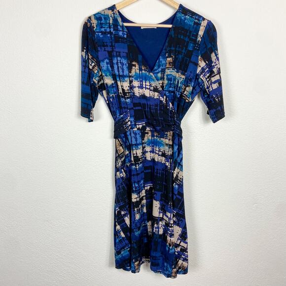 Gilli‎ Faux Wrap Dress L Stretch Jersey Knit Blue Black Abstract Print - Picture 1 of 5